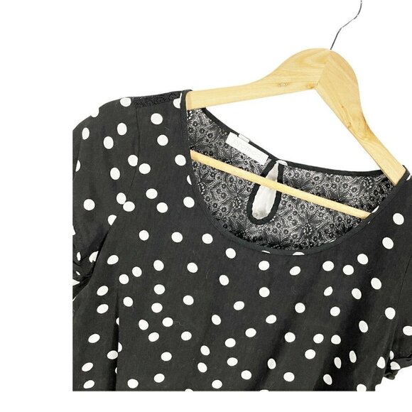 Promod Black Polka Dot Short Sleeved Shirt Sz S Lace Open Back Cropped French - Picture 2 of 4